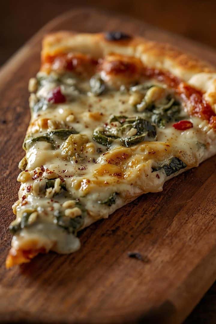 Spinach Artichoke Pizza slice in a table