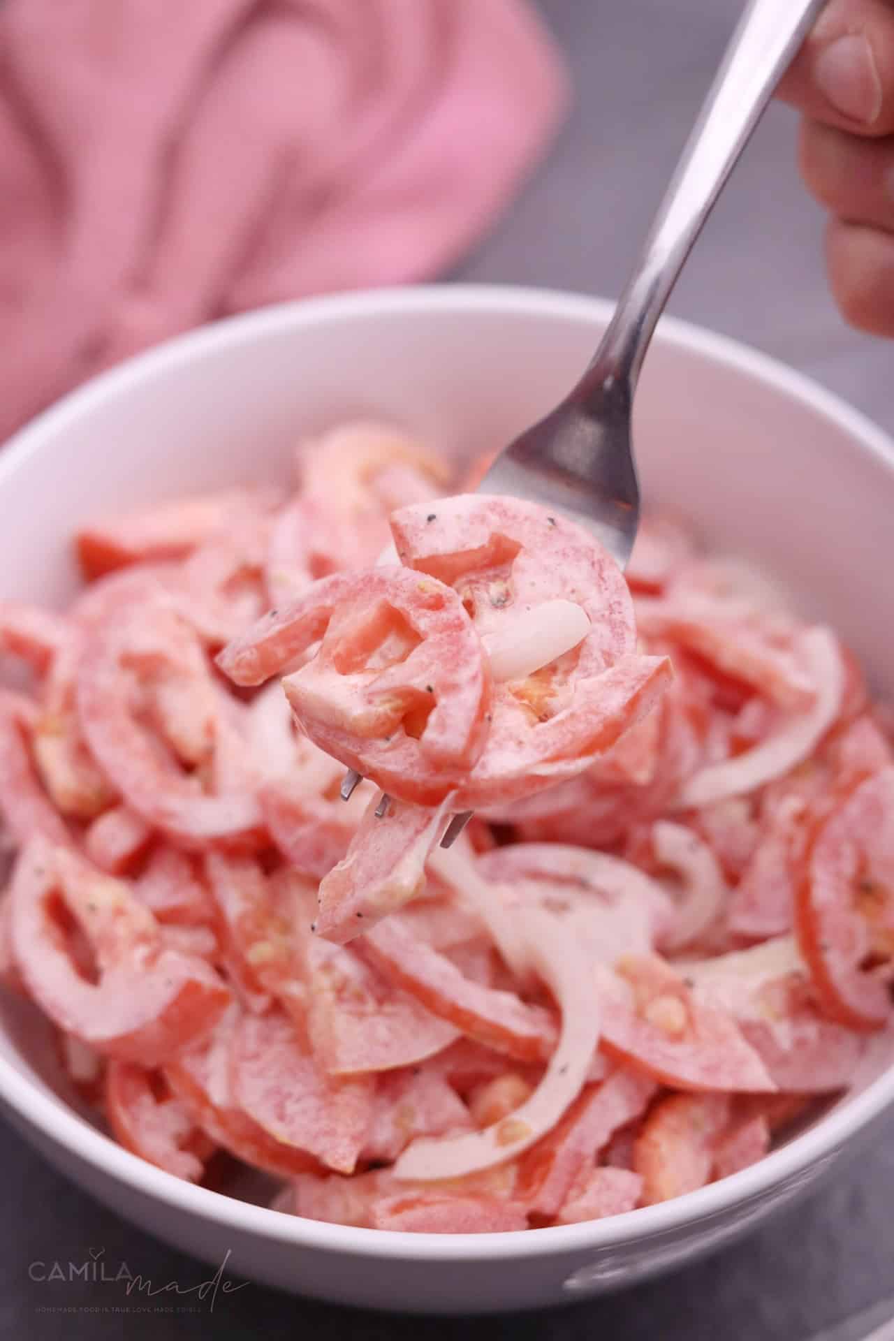 Ensalada de Tomate 9 Ensalada de Tomate in a fork