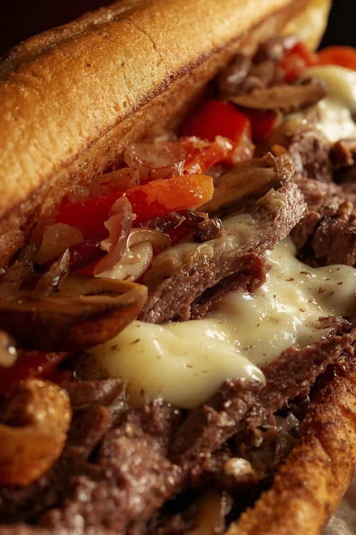Philly Cheesesteak Sandwich with onion red bell peppers and mushroom