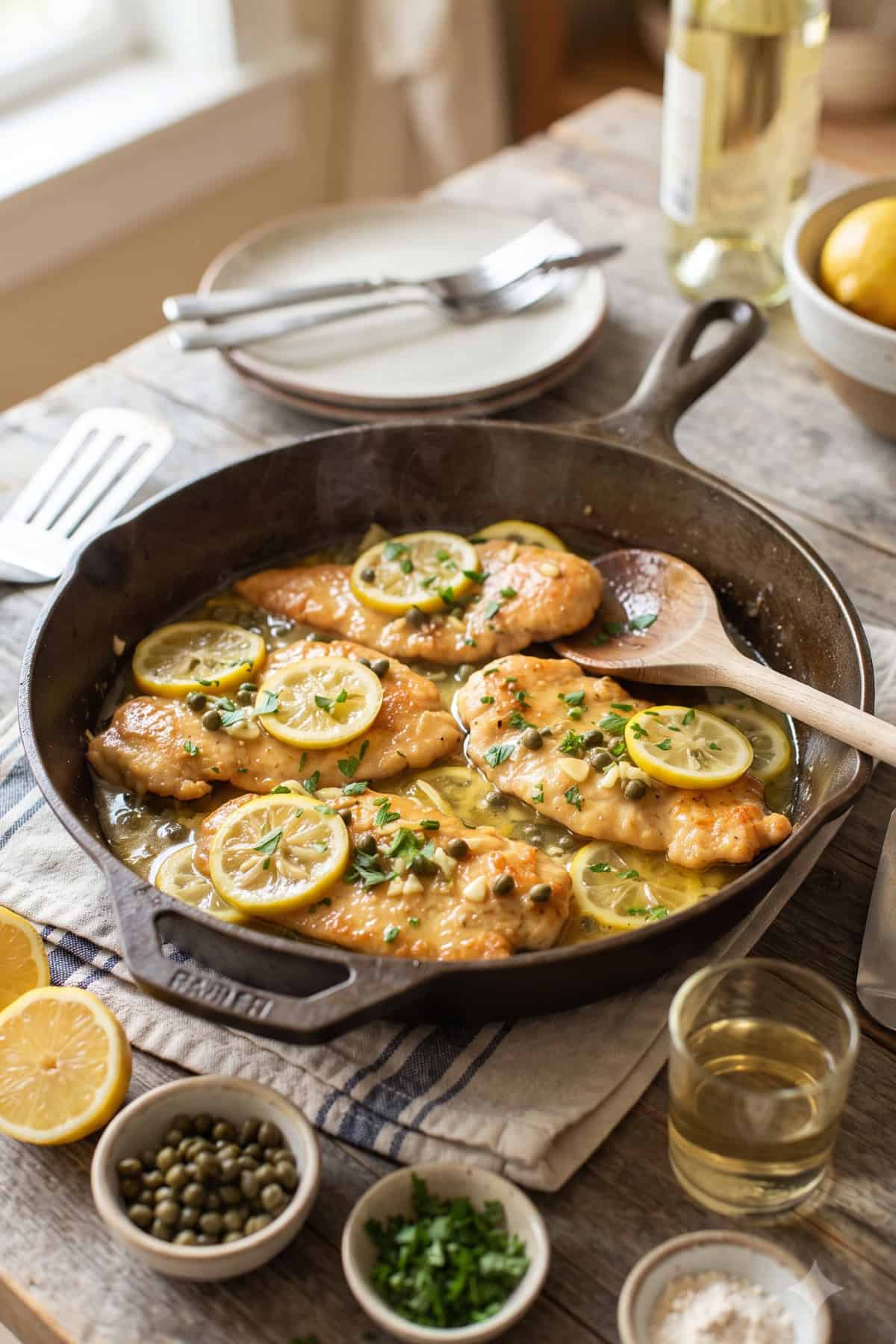Pollo Piccata 10 Pollo Piccata 45 degree shot in a skillet side view