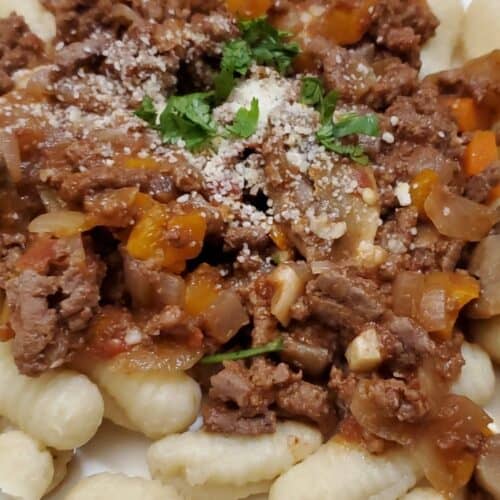 Mayonnaise based Gnocchi with a Hearty Mushroom Meat Sauce