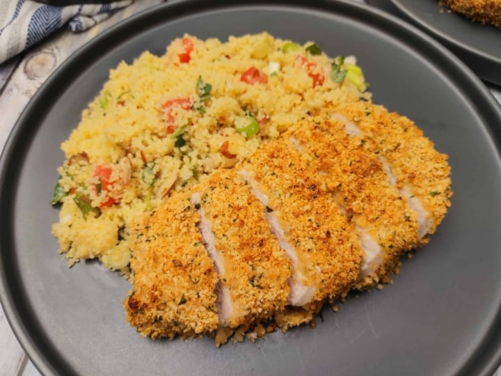 Flavorful Baked Parmesan Pork Chops with Couscous Salad and Fig Vinaigrette