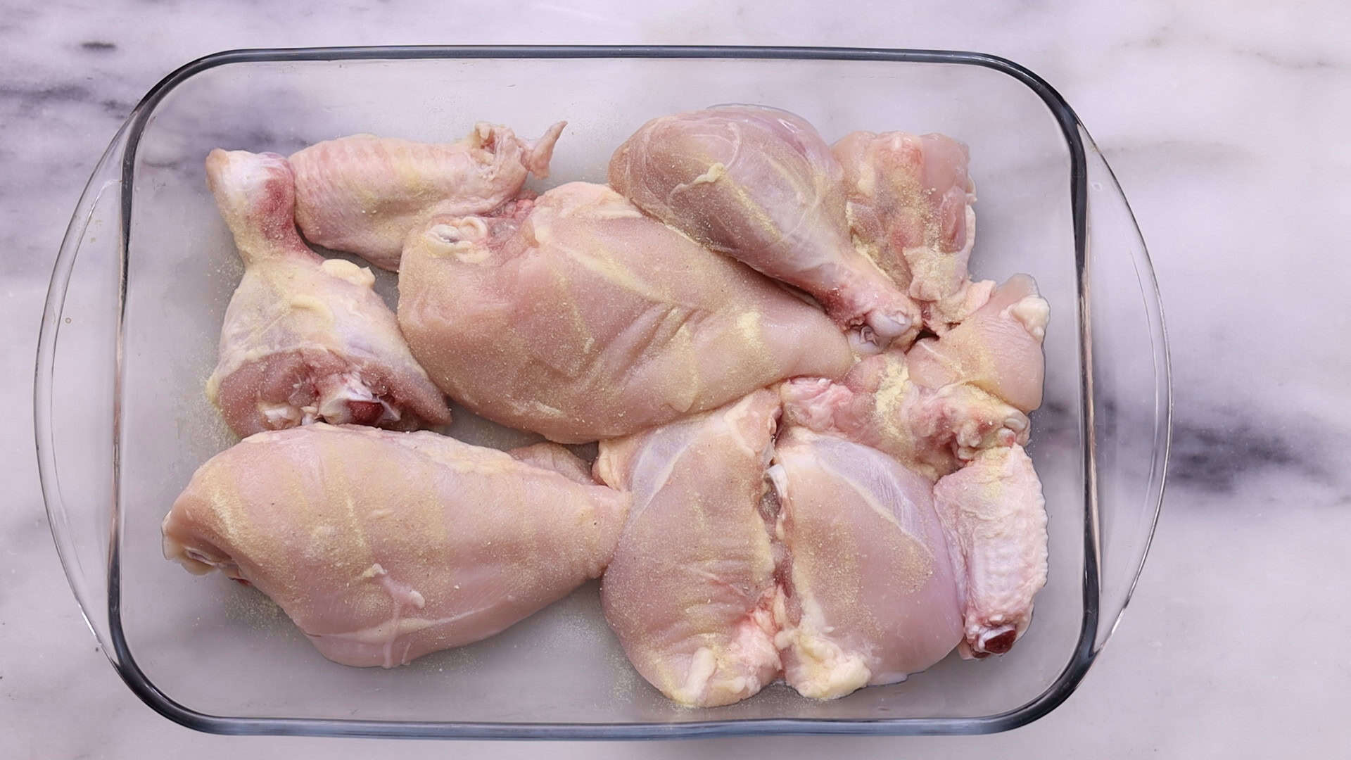 Pat dry, season, and dredge chicken in seasoned flour.