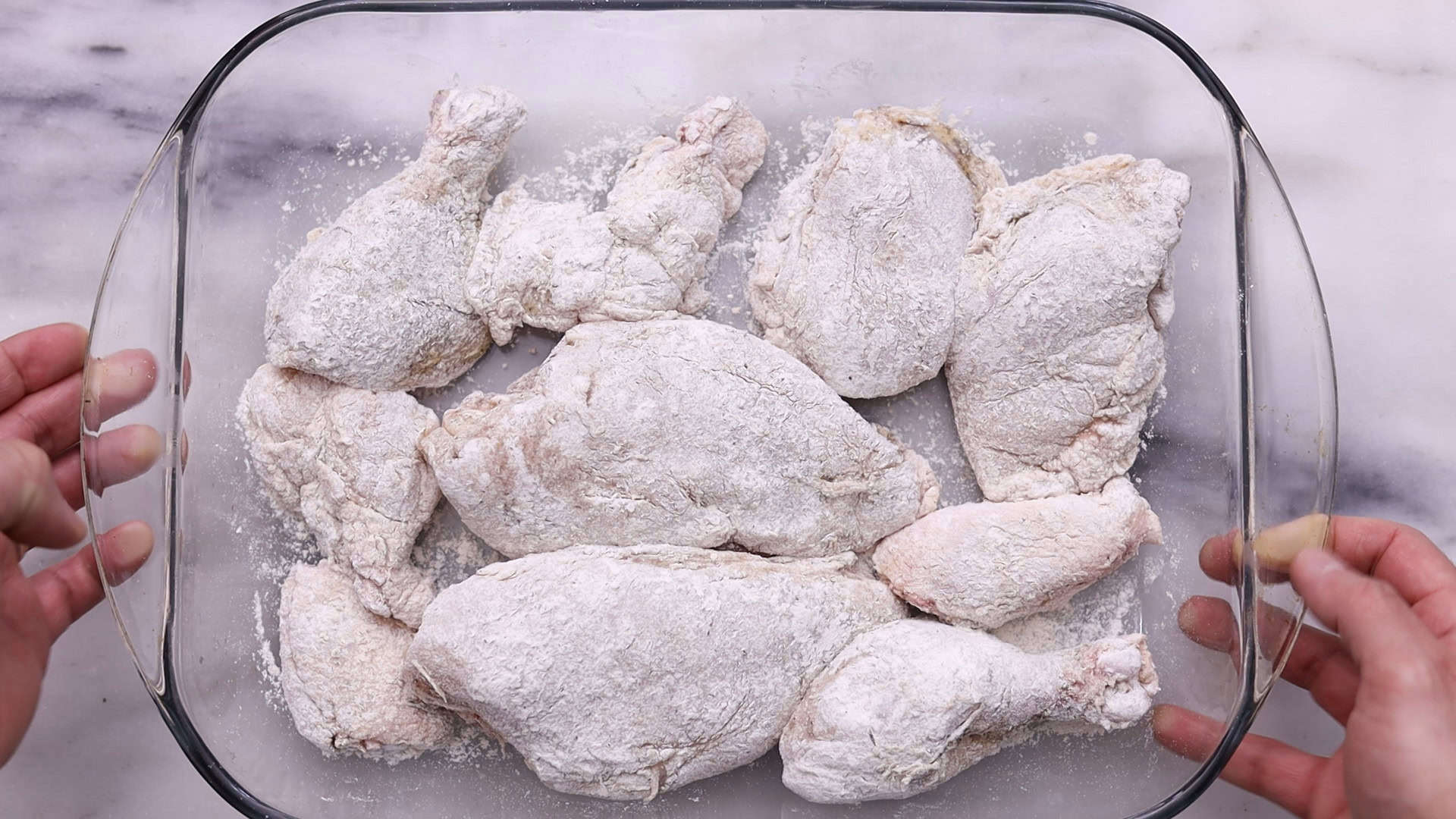 Pat dry, season, and dredge chicken in seasoned flour.
