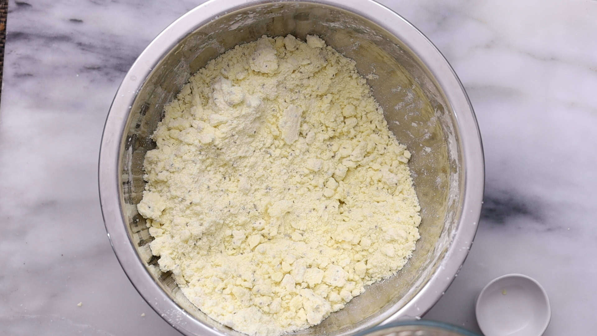 Combine wet and dry ingredients until a coarse crumb forms