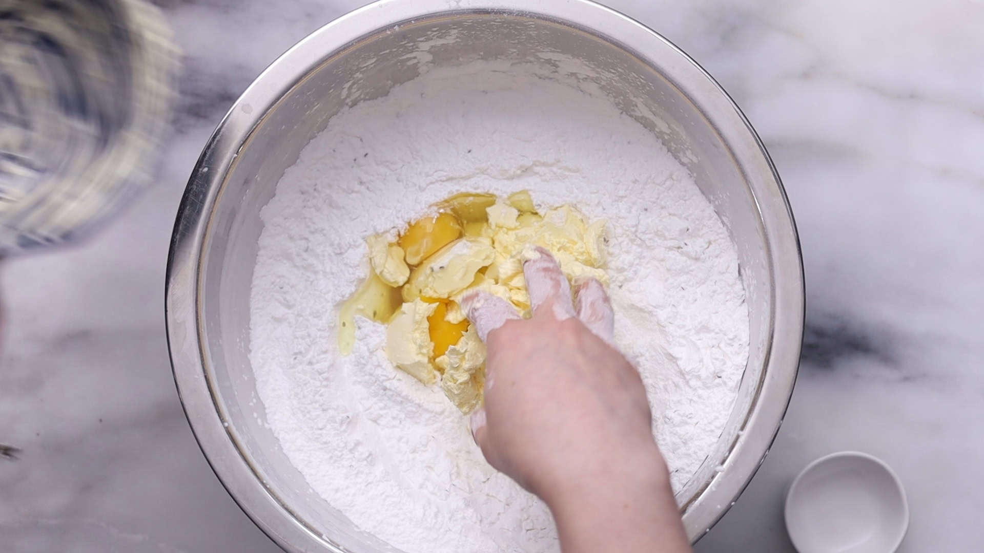 Cream butter and eggs until creamy.