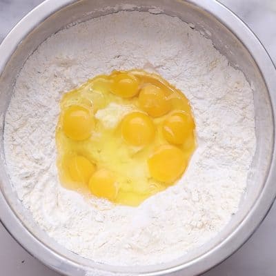 Cream butter and eggs until creamy.