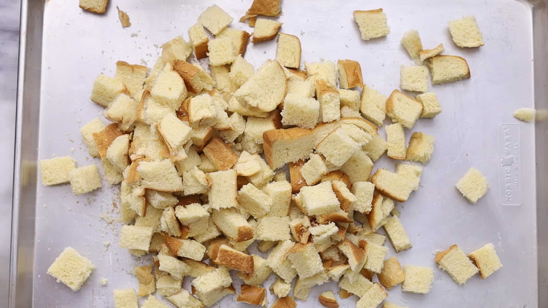 Cubed Bread on pan