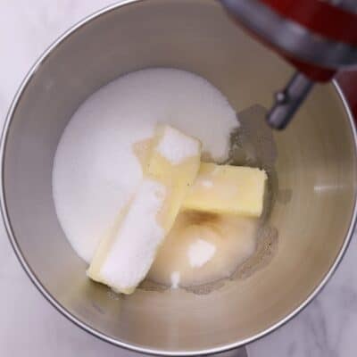 Cream butter, sugar, and wet ingredients.