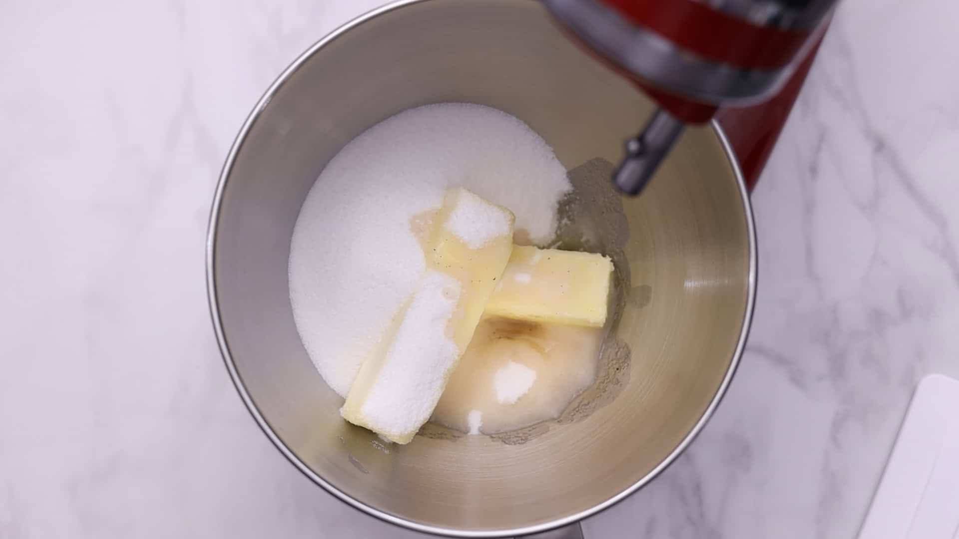Cream butter, sugar, and wet ingredients.