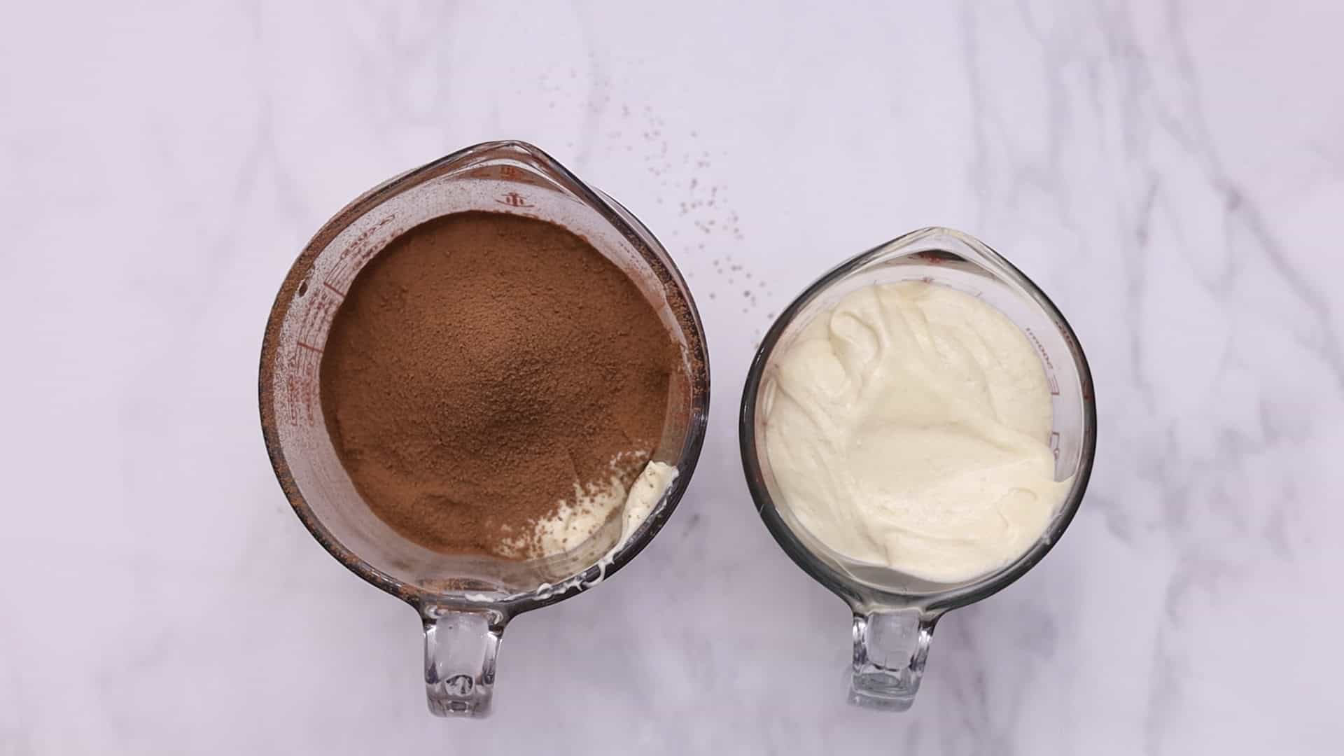 Cocoa powder to half of the batter