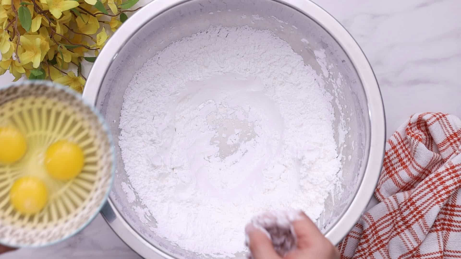 Add butter and eggs; cream