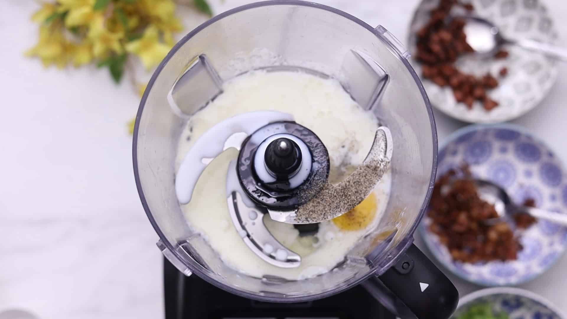 Blend egg, oil, salt, pepper, and milk.