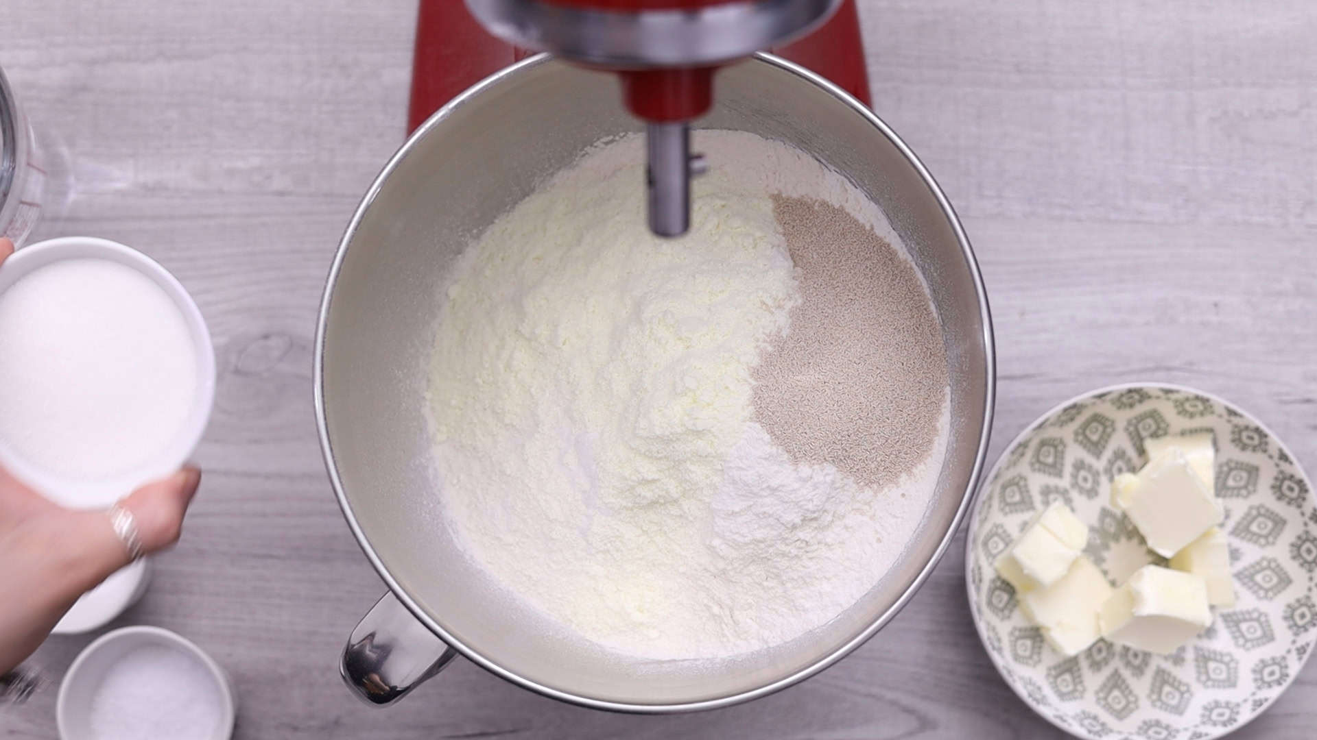 Homemade Burger Buns (Pan de Hamburguesa) 12 Combine dry ingredients in a stand mixer Flour dry milk and yeast