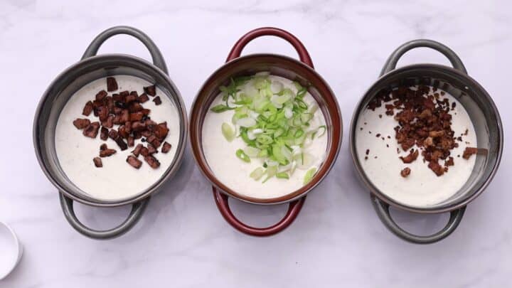 Divide into three bowls, adding sausage to one, green onion to another, and bacon to the third.