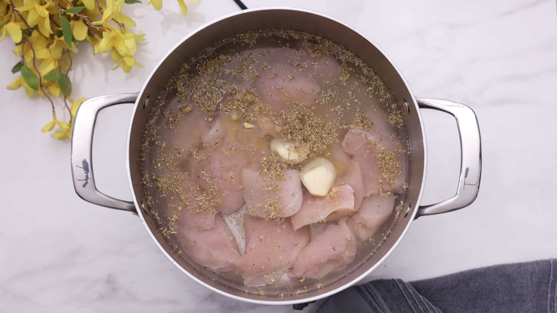 Easy Make-Ahead Chicken Fillings ( 2 WAYS ) 11 Boil chicken in water for 30 minutes.
