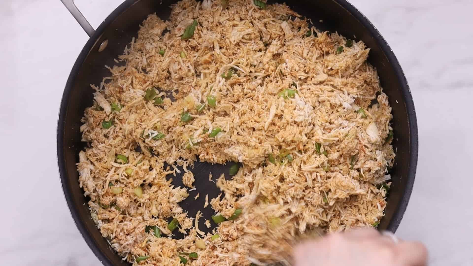 Easy Make-Ahead Chicken Fillings ( 2 WAYS ) 19 Cook until dry. Add green onion. Divide into two equal portions.