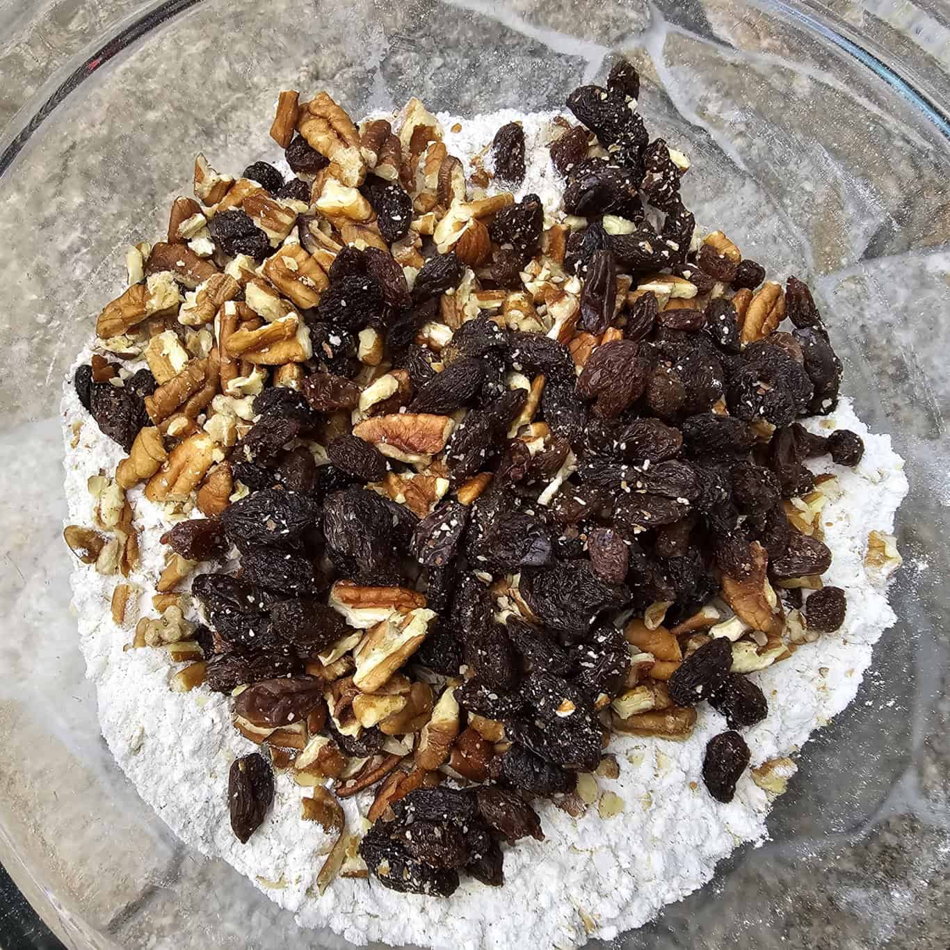 dry ingredients and raisins and pecans