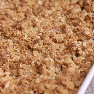 Close up Apple Crisp Recipe with Red Apple