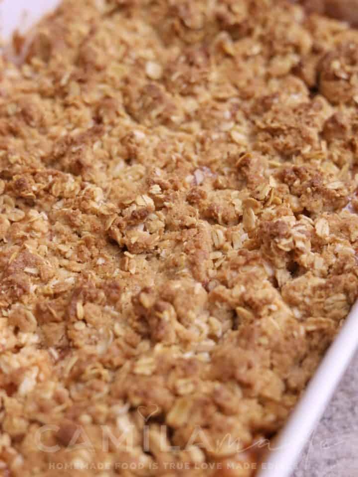 Close up Apple Crisp Recipe with Red Apple