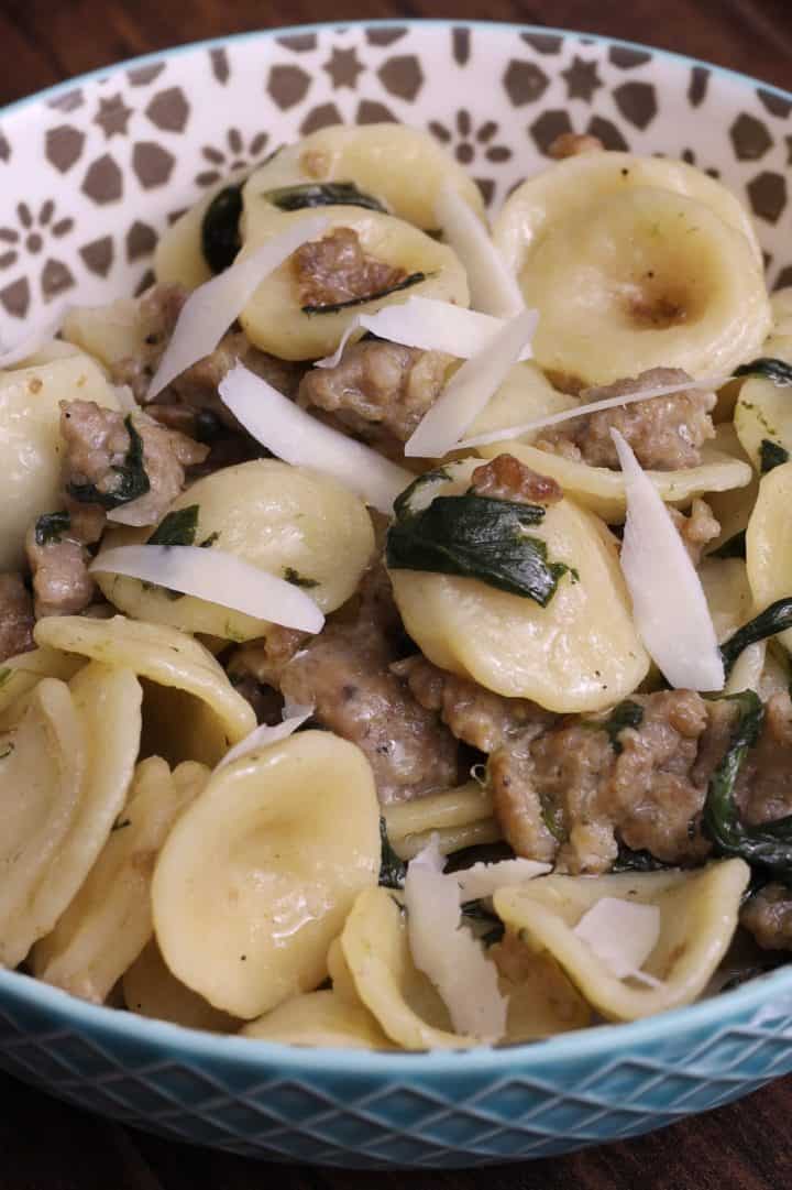 Orecchiette with Sausage and Spinach in a bowl