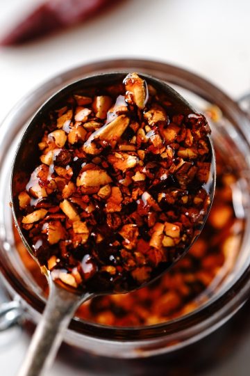 Salsa Macha con Cacahuate in a spoon