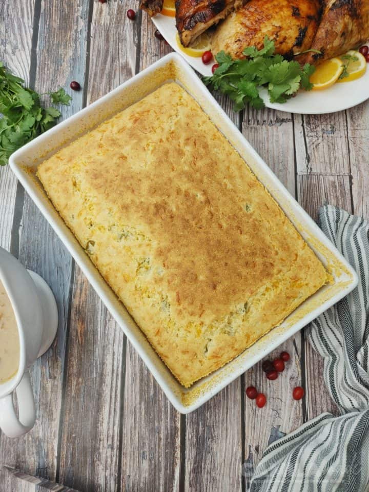 Jalapeño Cheddar Cornbread in a baking dish