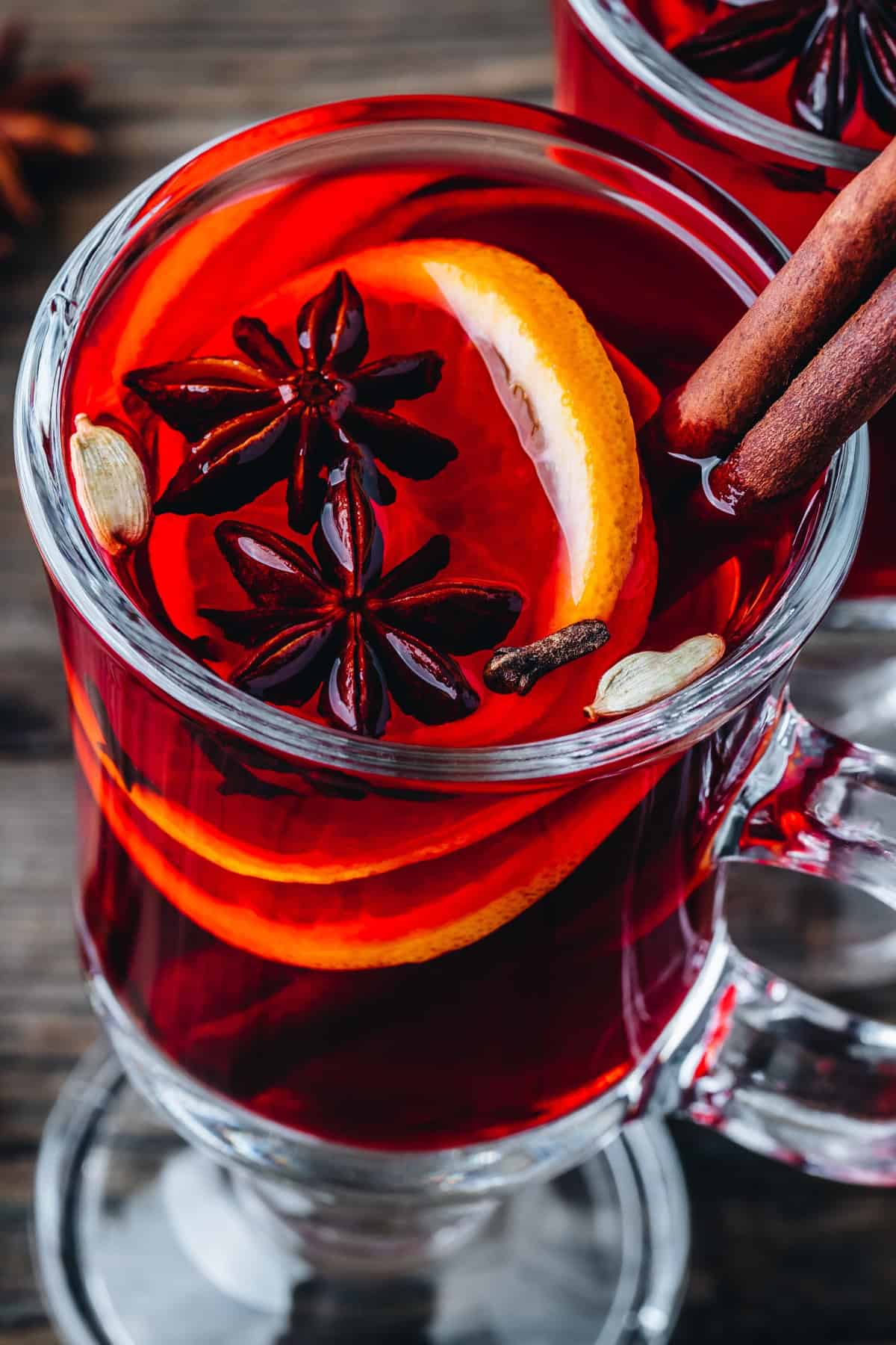 Mulled Red Wine top view close upwith orange sliced