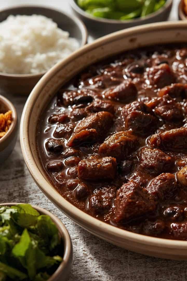 Close-up food photography of feijoada served in a large plate