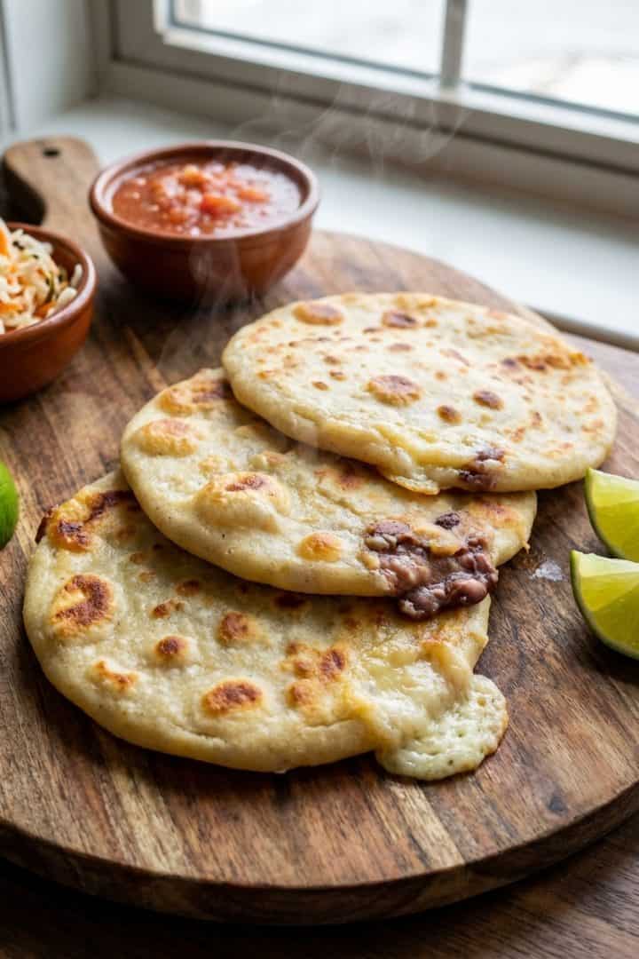 Pupusa de Frijol con Queso top view close up side view