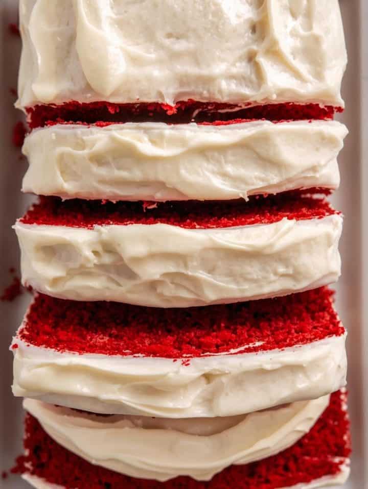 Red Velvet Loaf Cake with cream cheese frosting slices (1)
