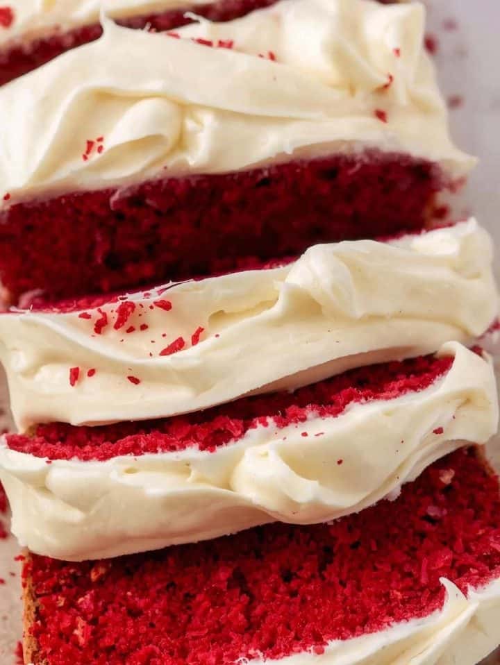 Red Velvet Loaf Cake with cream cheese frosting slices (2)