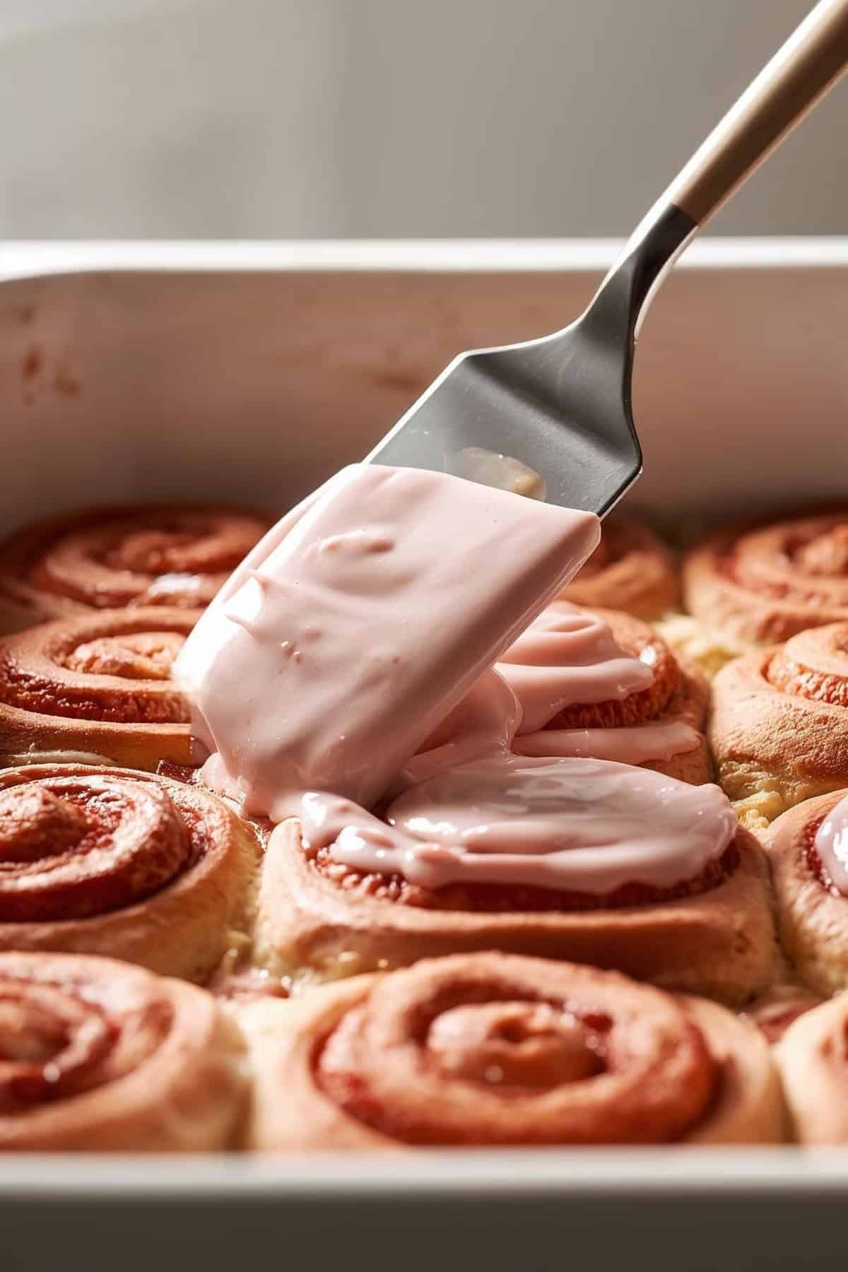 Strawberry Cinnamon Rolls with dried strawberry cream cheese in a baking cheese