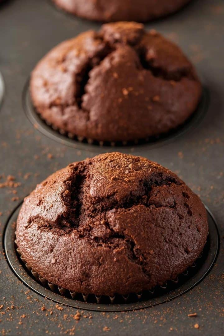 Triple chocolate muffins with tall domed tops in a 12-cup muffin pan