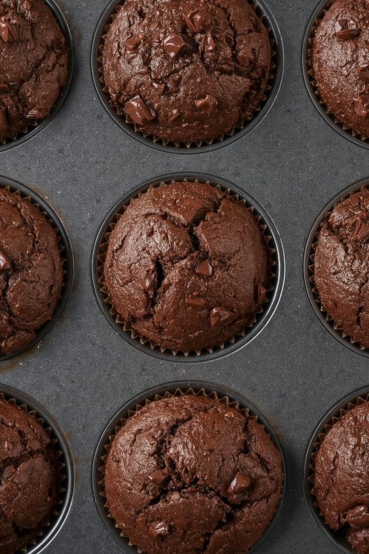 Triple chocolate muffins with tall domed tops in a