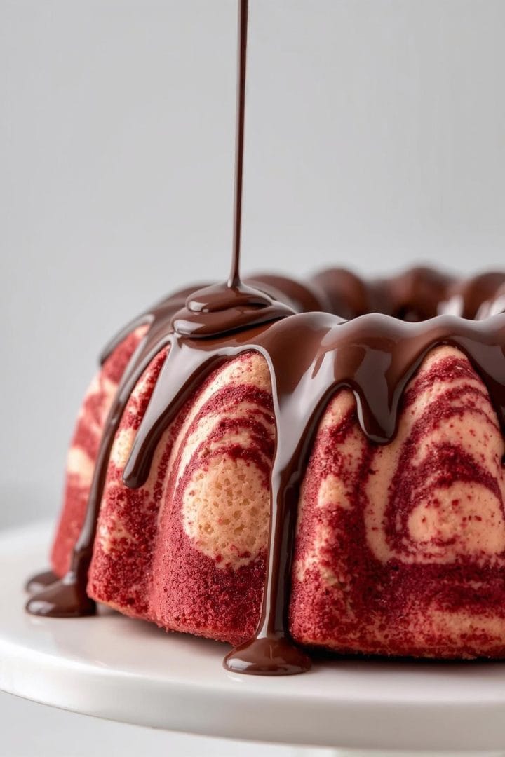 Red Velvet Marble Bundt Cake 5 Vanilla Red Velvet Marble Bundt Cake with chocolate ganache pouring