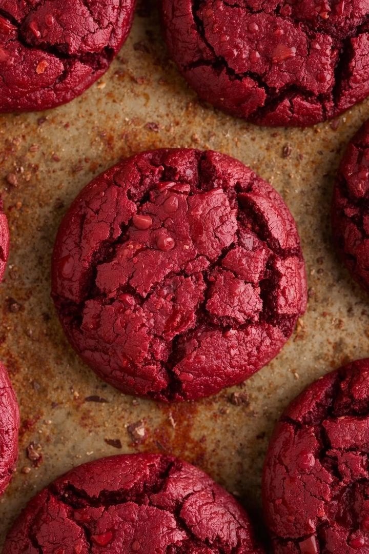 chewy red velvet cookies in a baking sheet pan no chocolate chips