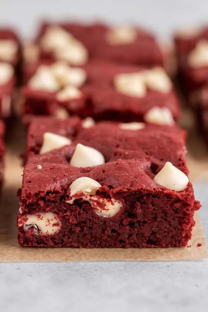 Red Velvet Cookie Bars 7 Close up Red Velvet Cookie Bars with white chocolate chips