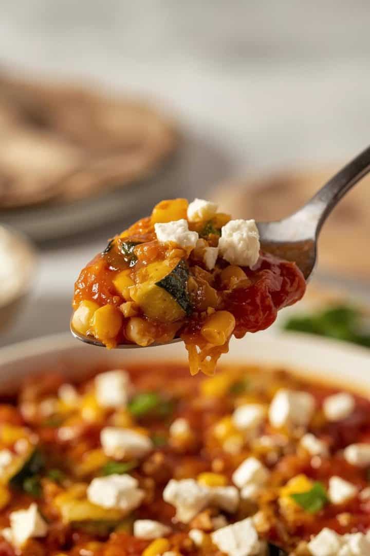 Close-up food photography of calabacitas con queso