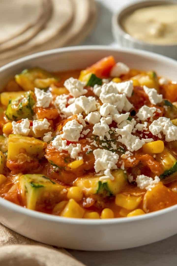 Close-up food photography of calabacitas con queso in a white bowl, chunky zucchini cubes, corn, and tomatoes in a light tomato-chile sauce, crumbled queso fresco sprinkled on top