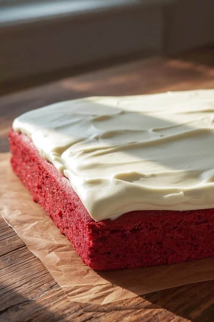 Red Velvet Cake in a baking dish side view