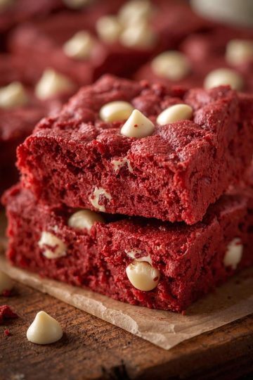 Red Velvet Cookie Bars with white chocolate chips