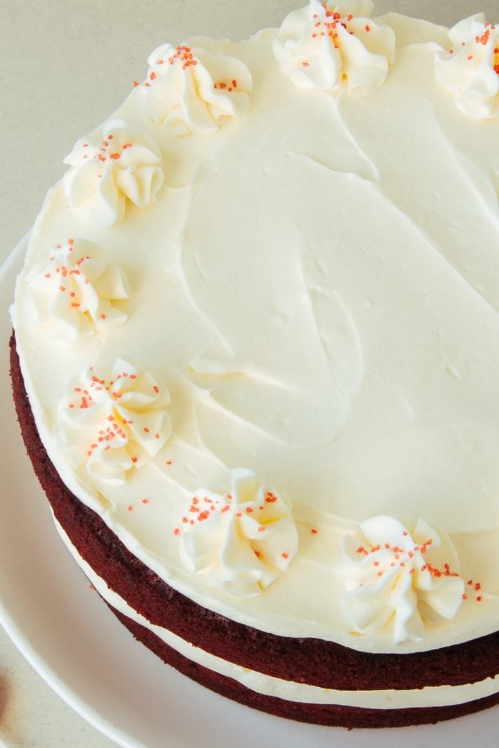 Red Velvet Cake and Cream Cheese Icing 6 Red velvet cake with cream cheese icing frosting close up side view