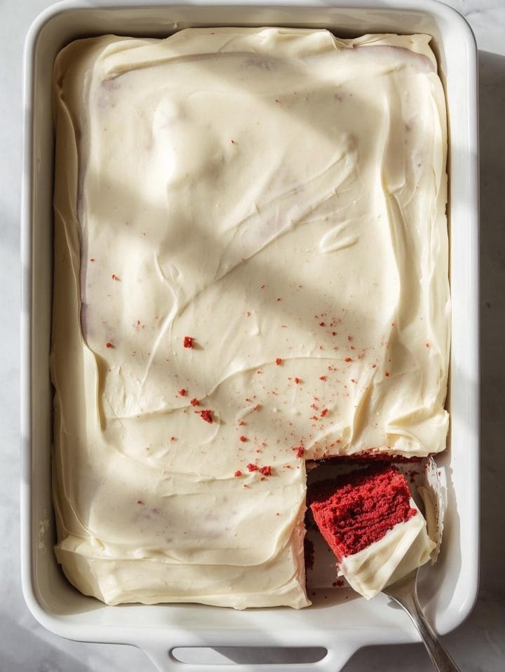 Red velvet sheet cake with cream cheese frosting in a 9x13 white baking dish,