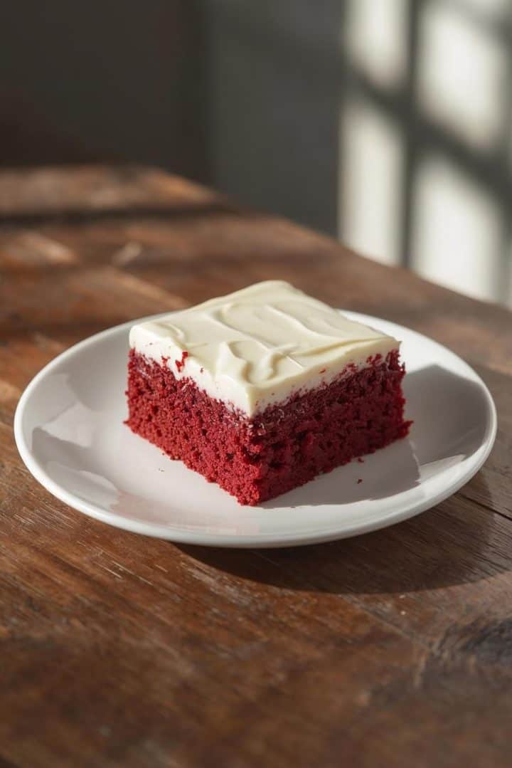 Square slice of red velvet sheet cake with cream cheese frosting on a small white dessert plate