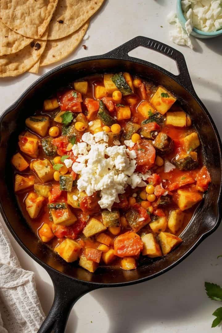 Top-down food photography of calabacitas con queso in a skillet,