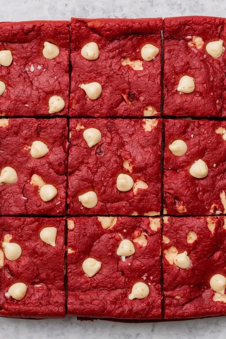 Red Velvet Cookie Bars 6 Top view Wide shot angle of 9 inch Red Velvet Cookie Bars