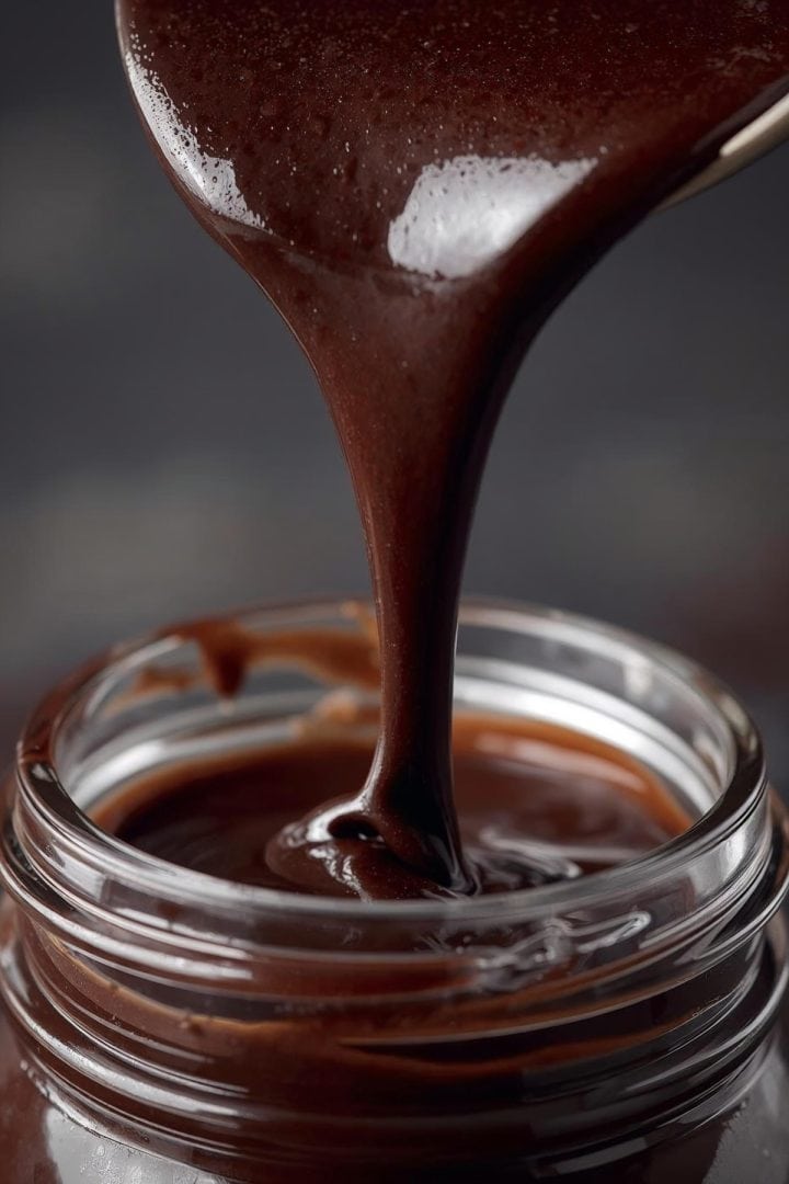 Salsa de Chocolate 10 Salsa de Chocolate chocolate sauce pouring in and jar close up