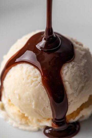 Salsa de Chocolate pouring chocolate sauce on top of ice creram close up