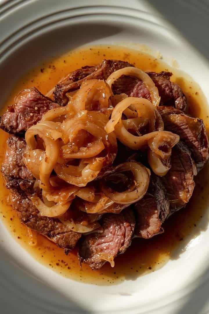 Bistec encebollado with sautéed onions top view